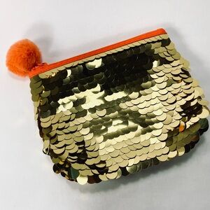 Sephora Collection Gold Sequined Zipper Makeup Pouch Orange Pom-Pom